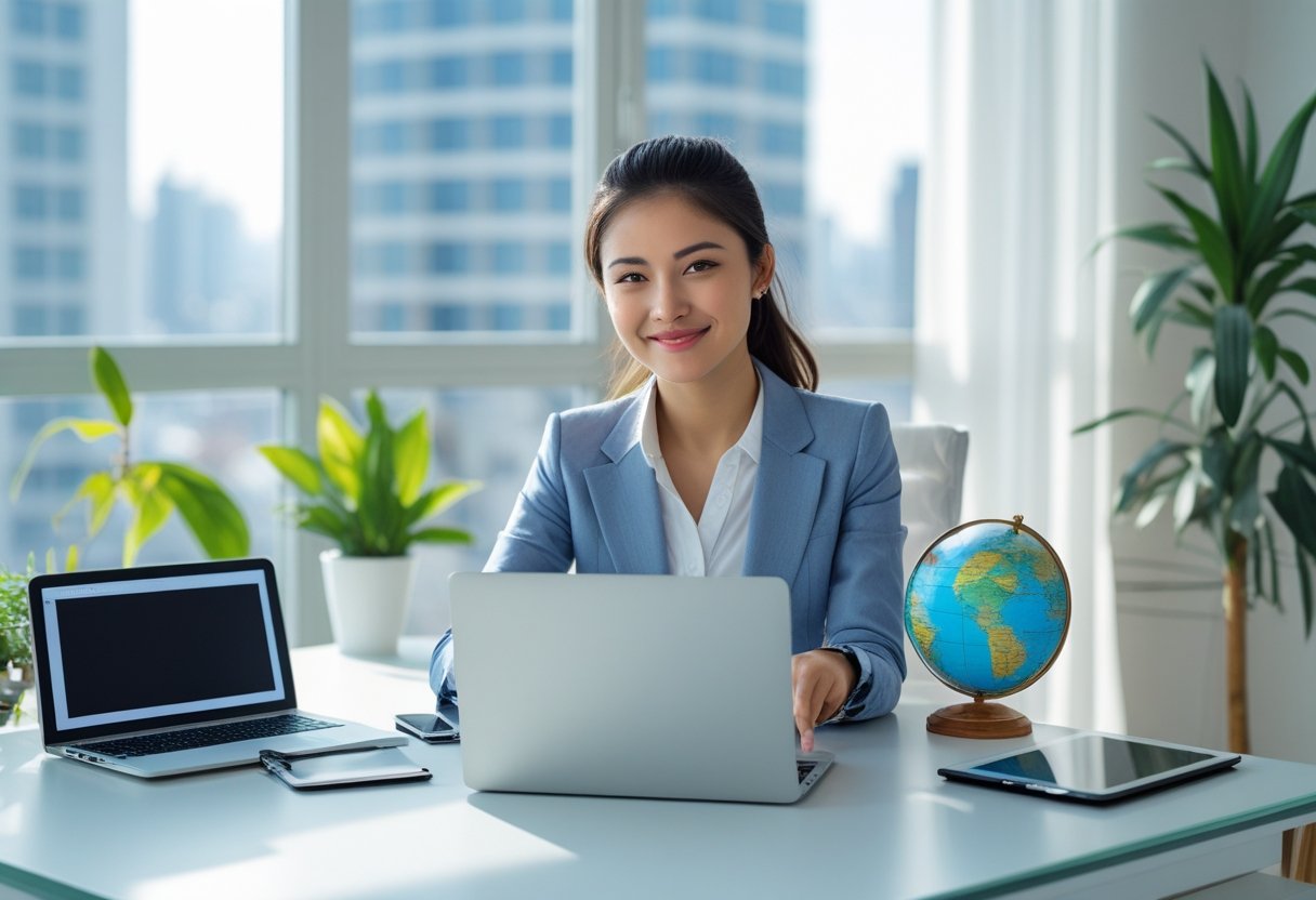 A woman working on a laptop at a desk in a bright room with a city view, surrounded by digital devices and a small globe.