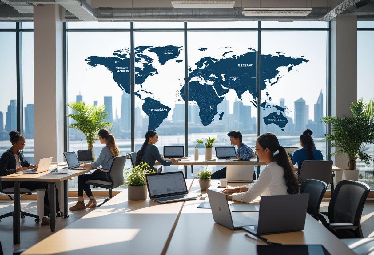 A bright co-working space with diverse people working on laptops and collaborating, with a cityscape visible through large windows.