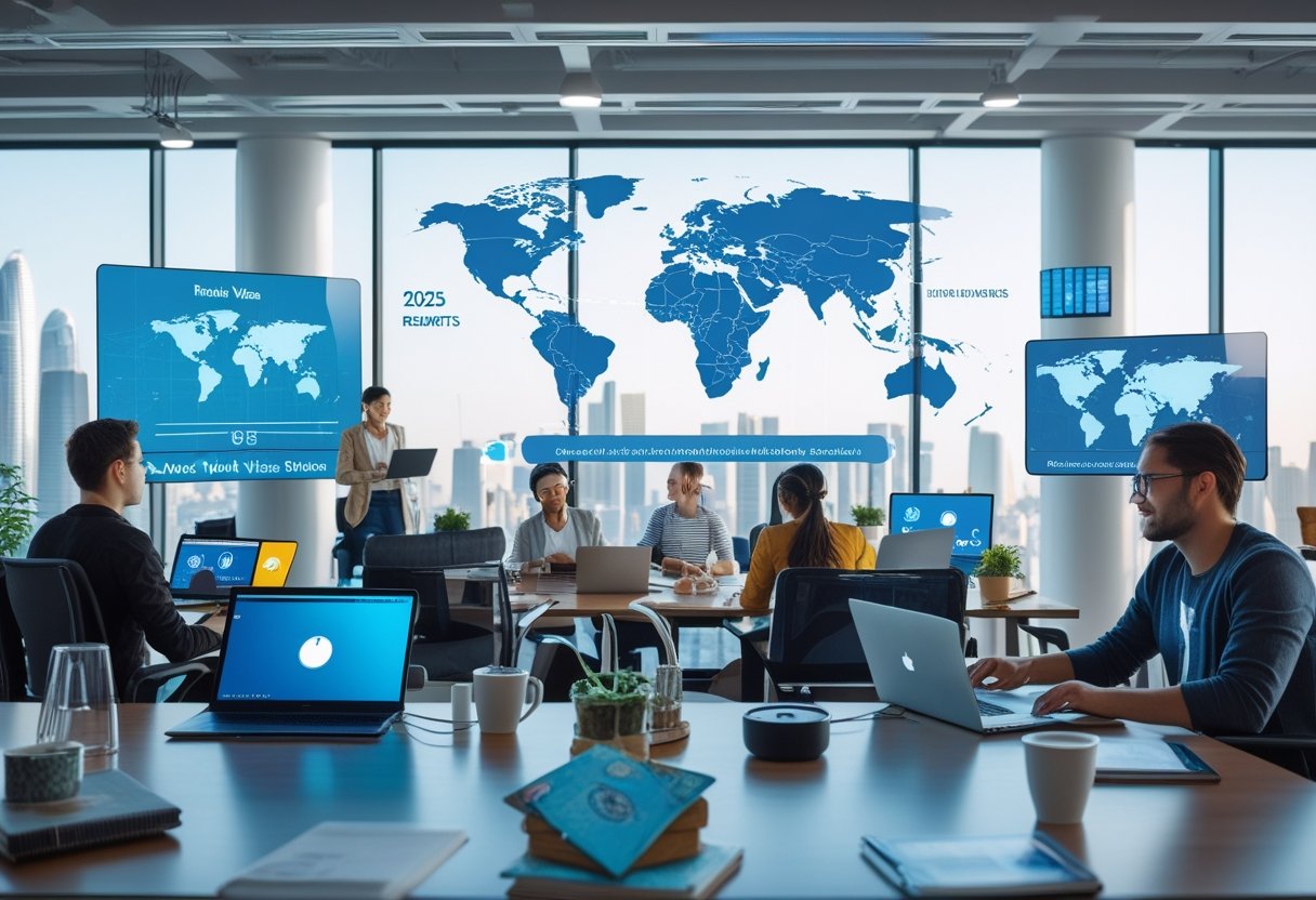 A diverse group of people working on laptops in a bright co-working space with large windows showing a city skyline and digital maps, representing remote work and international connectivity.
