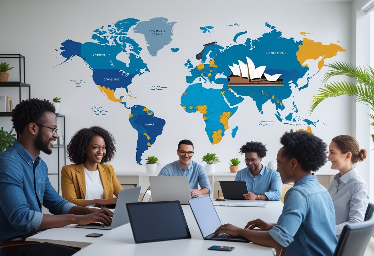 A diverse group of remote workers using laptops in various international locations with famous landmarks in the background.