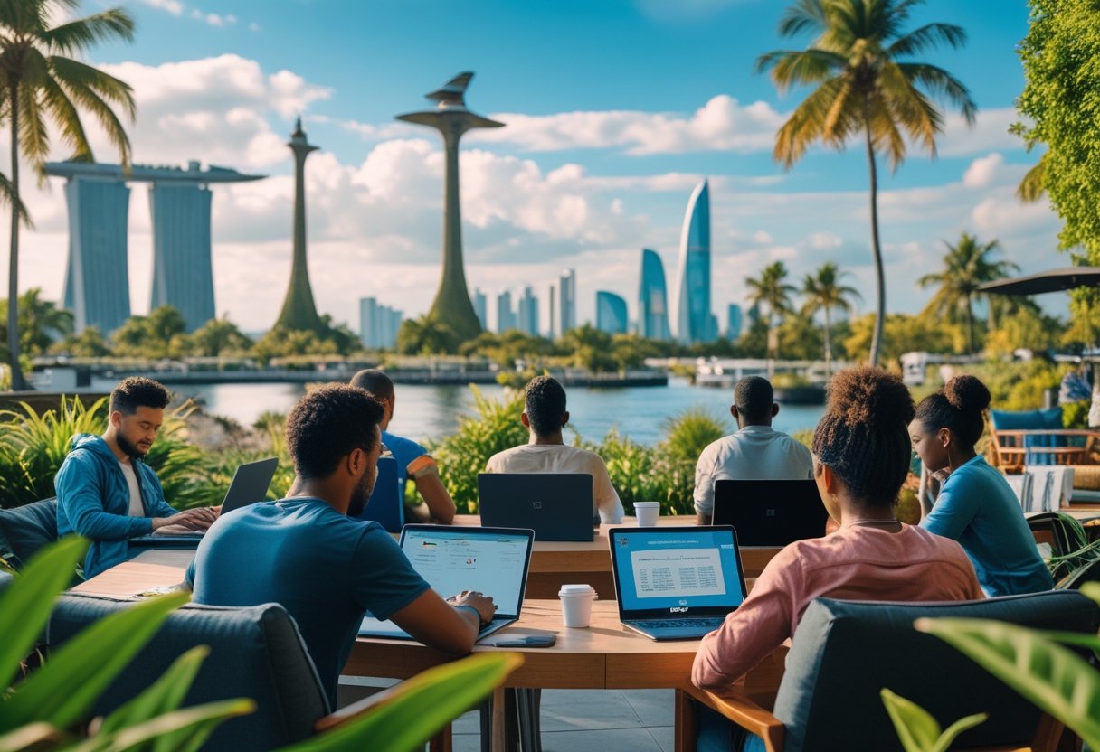 A diverse group of people working on laptops outdoors at a modern co-working space with greenery and scenic views of landmarks from popular travel destinations.