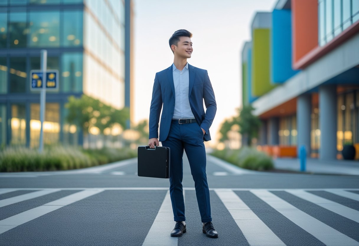 A young adult stands at a city crossroads holding a laptop and briefcase, looking thoughtfully toward two different career paths ahead.
