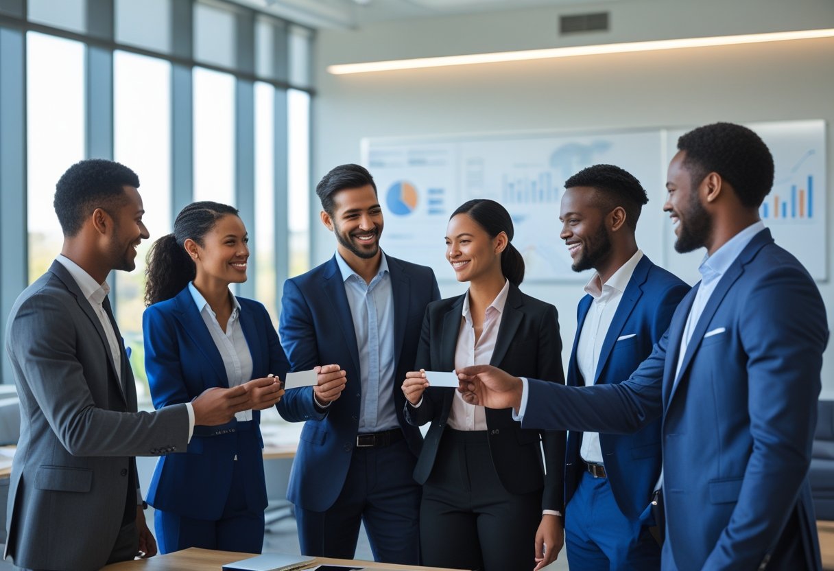 A diverse group of business professionals exchanging business cards and talking in a modern office setting.