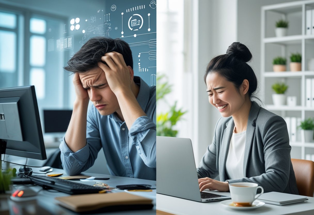 Burned Out in Tech? Low-Stress Jobs That Use Your Skills Two individuals in an office setting, one stressed and overwhelmed at a cluttered desk, the other calm and relaxed working at a clean workspace.