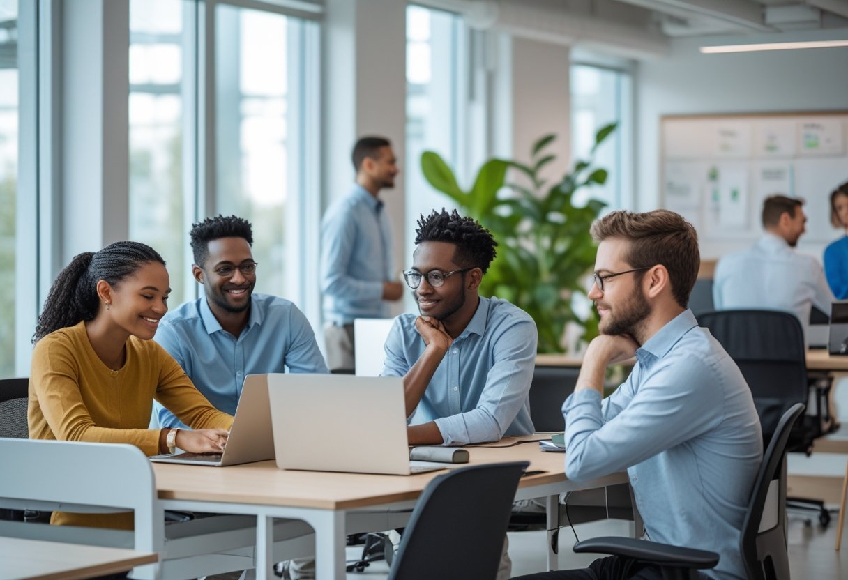Burned Out in Tech? Low-Stress Jobs That Use Your Skills A group of tech professionals working calmly in a bright office, some collaborating and others taking a moment to relax or stretch.