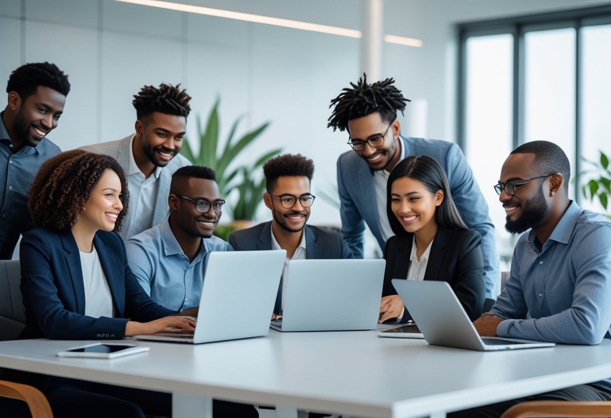 Burned Out in Tech? Low-Stress Jobs That Use Your Skills A diverse group of tech professionals collaborating around a conference table in a modern, calm office.