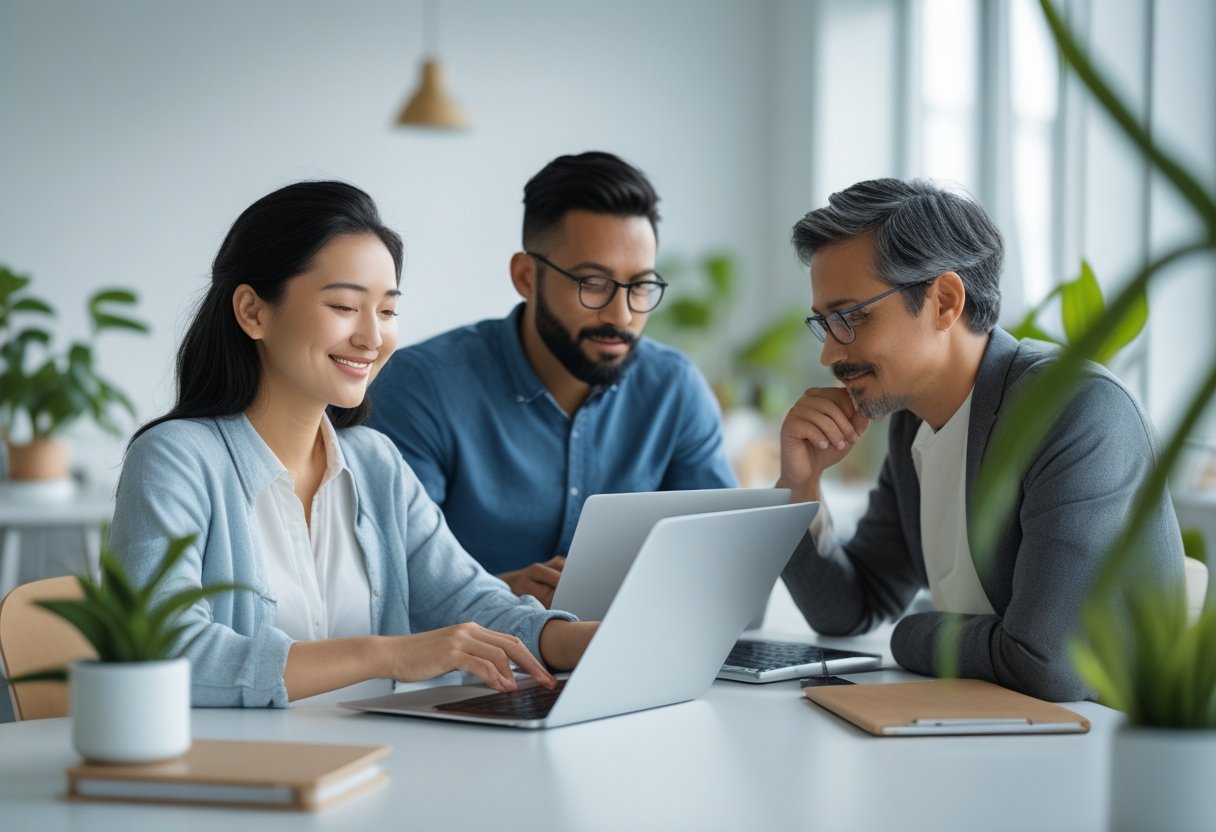 Burned Out in Tech? Low-Stress Jobs That Use Your Skills A calm office with diverse adults working quietly on laptops and tablets, surrounded by plants and natural light.