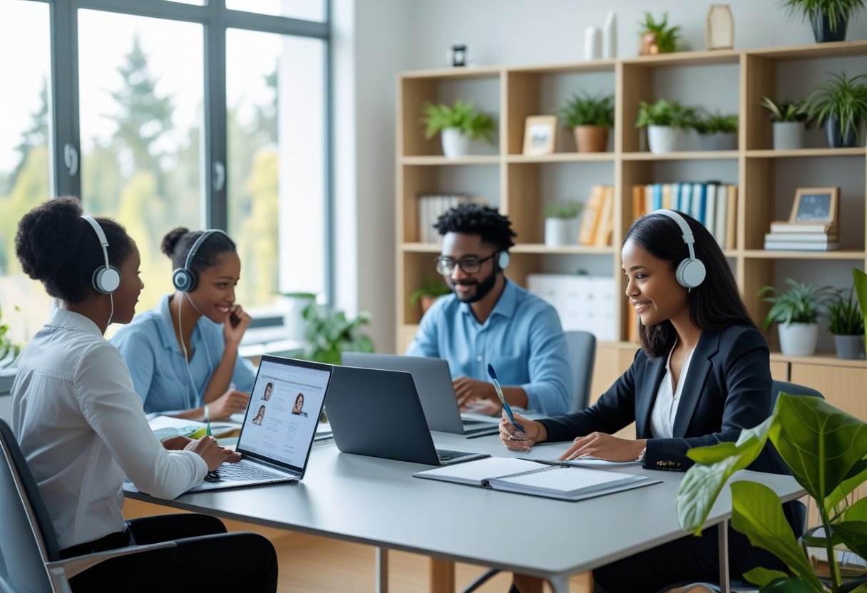 Leaving Teaching? Best Remote Jobs for Teachers A diverse group of educators working remotely from home in a bright, modern office with laptops, tablets, and educational materials.