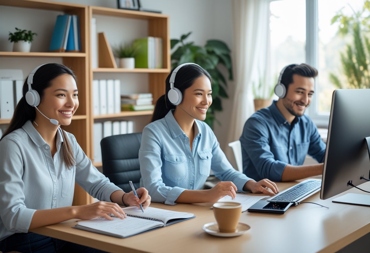 Leaving Teaching? Best Remote Jobs for Teachers Three educators working remotely from home, using a laptop, tablet, and desktop computer in a bright home office.
