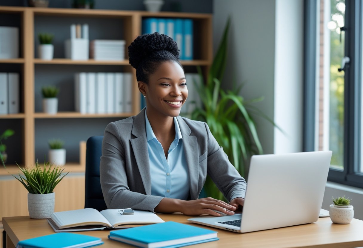 Leaving Teaching? Best Remote Jobs for Teachers An educator working on a laptop in a bright home office, smiling and engaged in remote work.