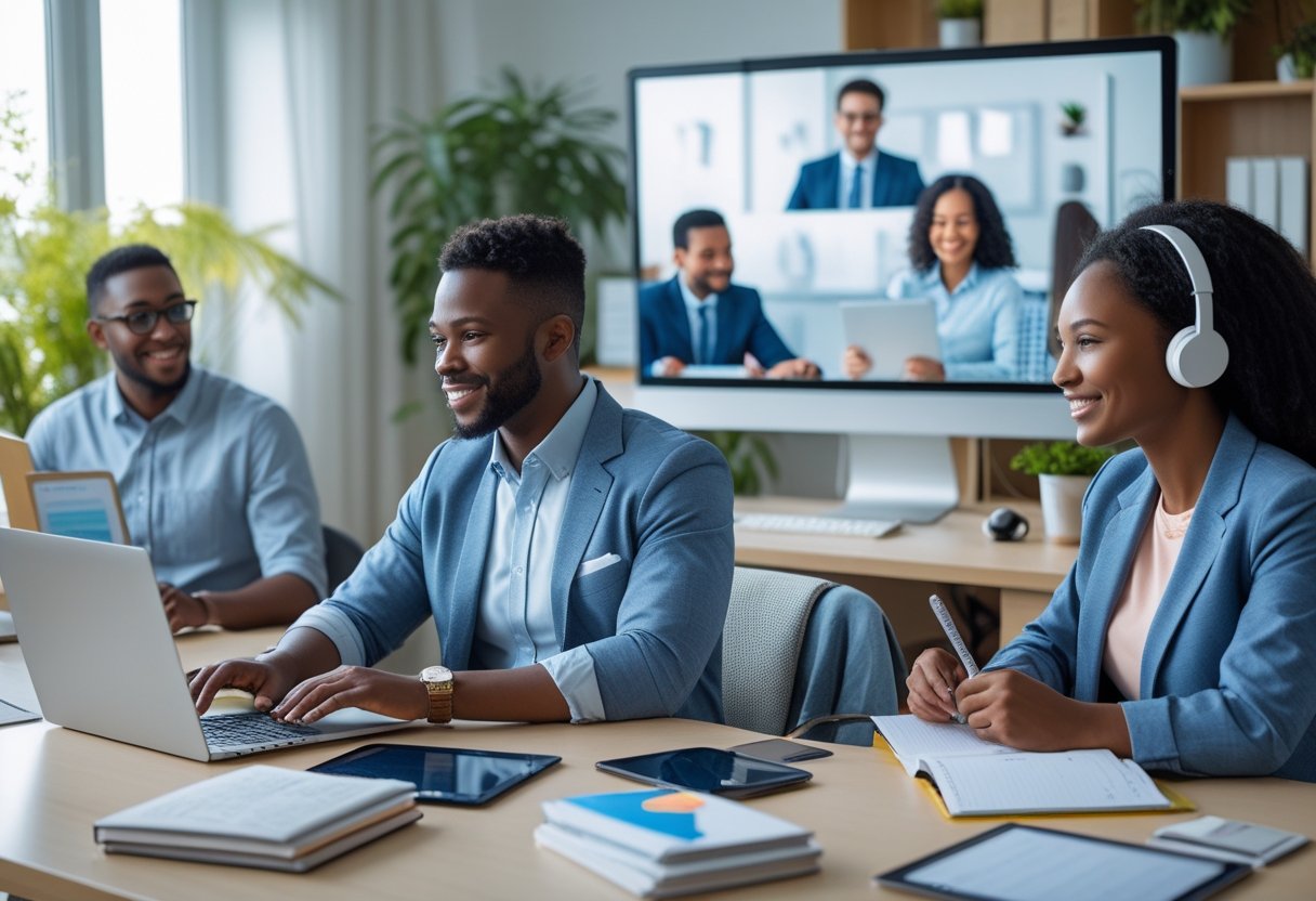 Leaving Teaching? Best Remote Jobs for Teachers A diverse group of professionals working remotely in a bright home office with laptops, books, and digital devices.