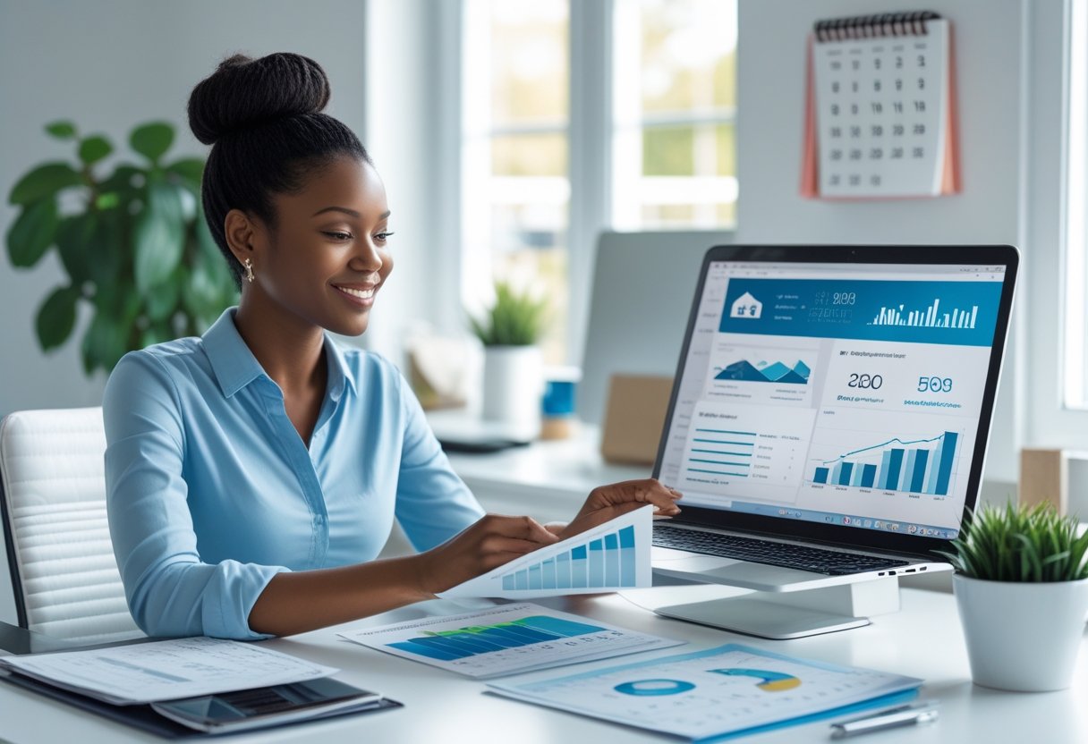 A young woman sitting at a desk in a home office reviewing financial documents and a laptop with charts, looking calm and confident.