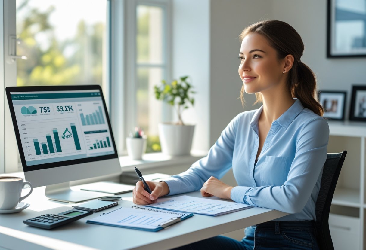 A young woman sitting at a desk reviewing financial documents and a laptop with charts in a bright home office.