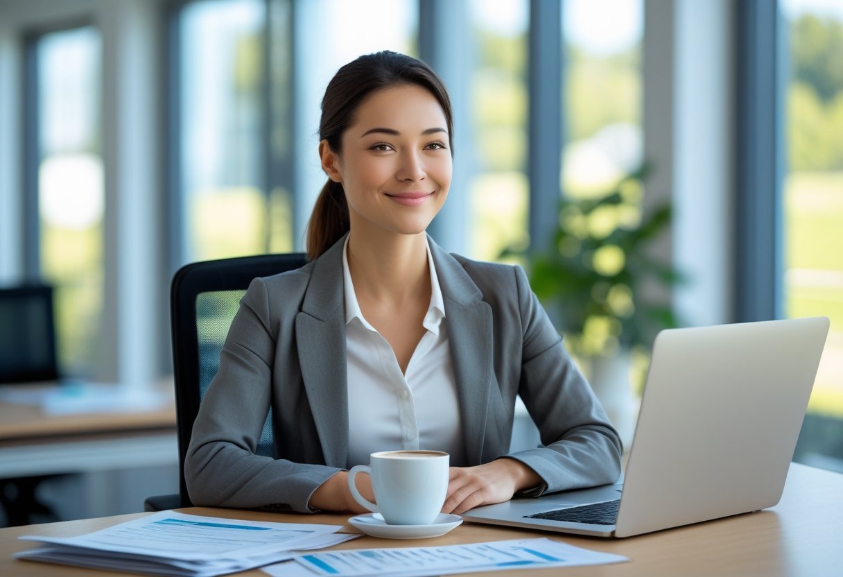 A young professional woman sitting at an office desk with a laptop and financial documents, looking calm and confident.