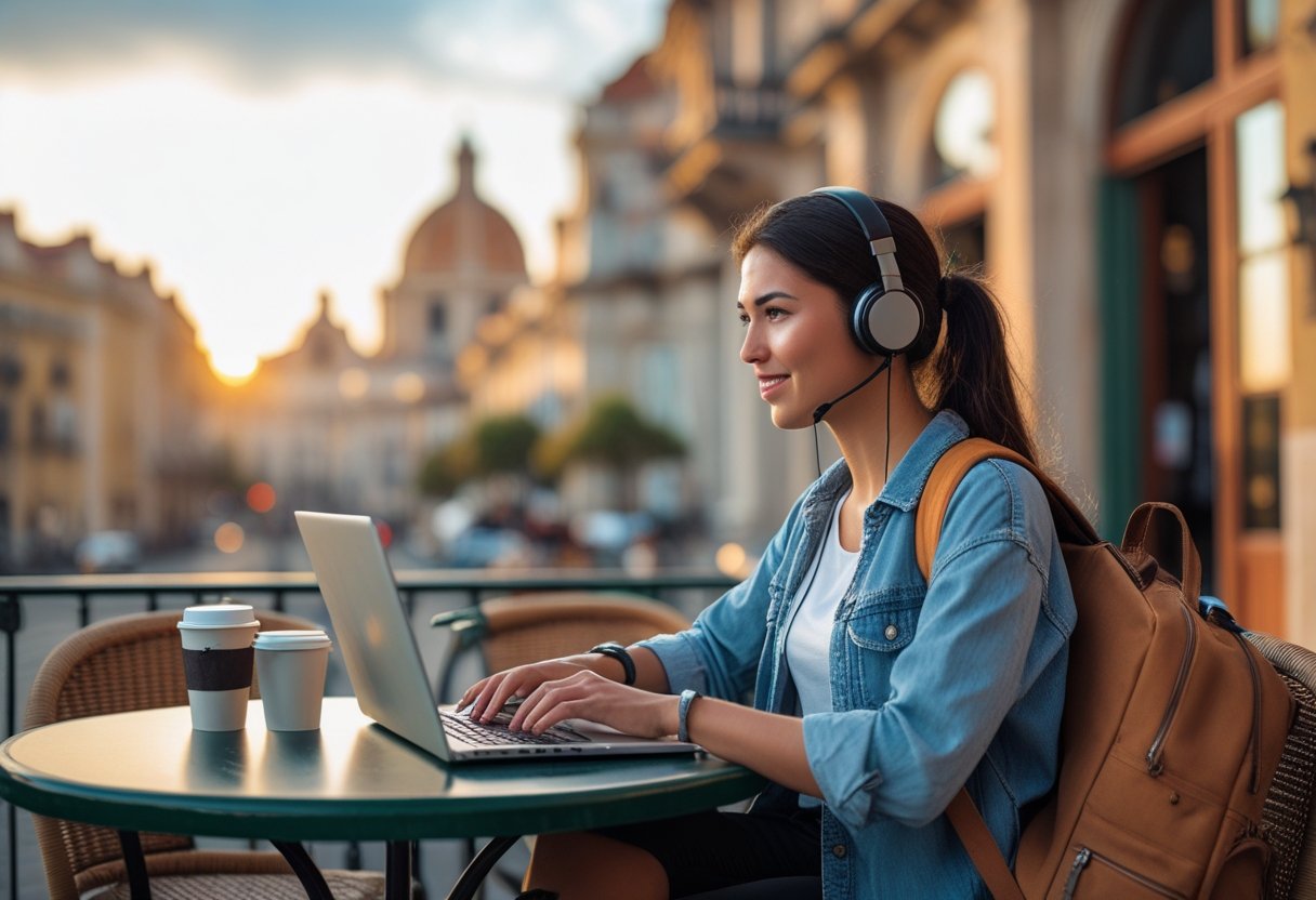 A young woman working on a laptop at an outdoor café table with travel items nearby and a cityscape in the background.