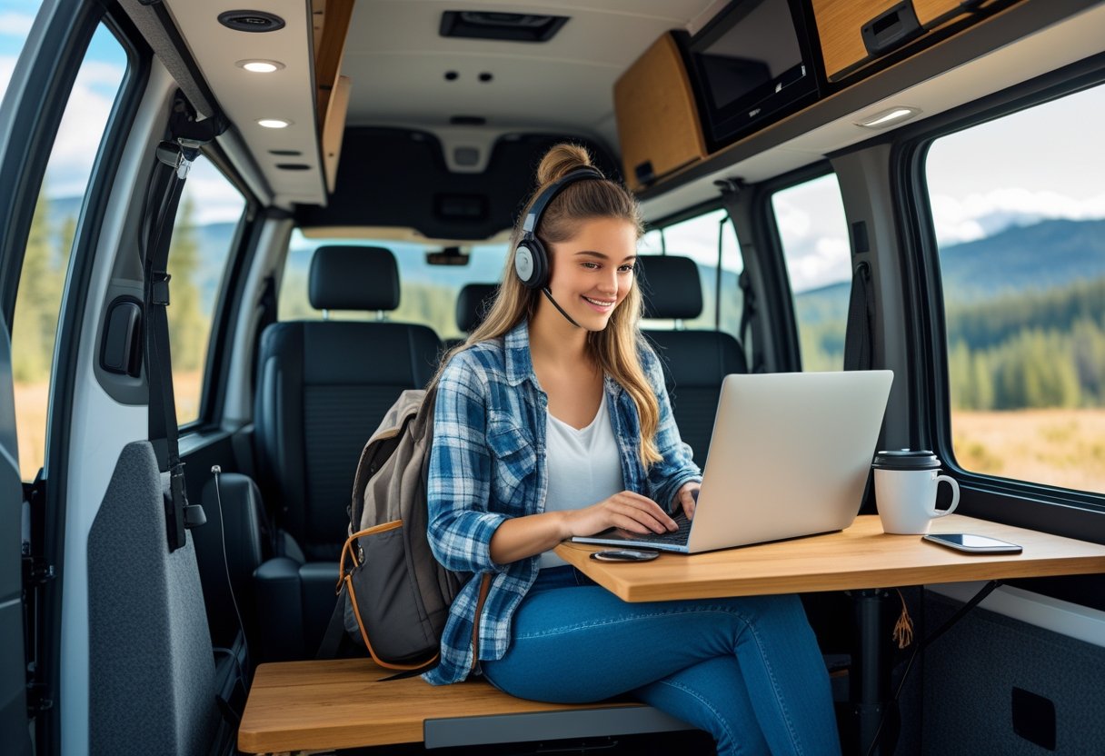 A woman working on a laptop inside a camper van parked in nature, surrounded by travel gear.
