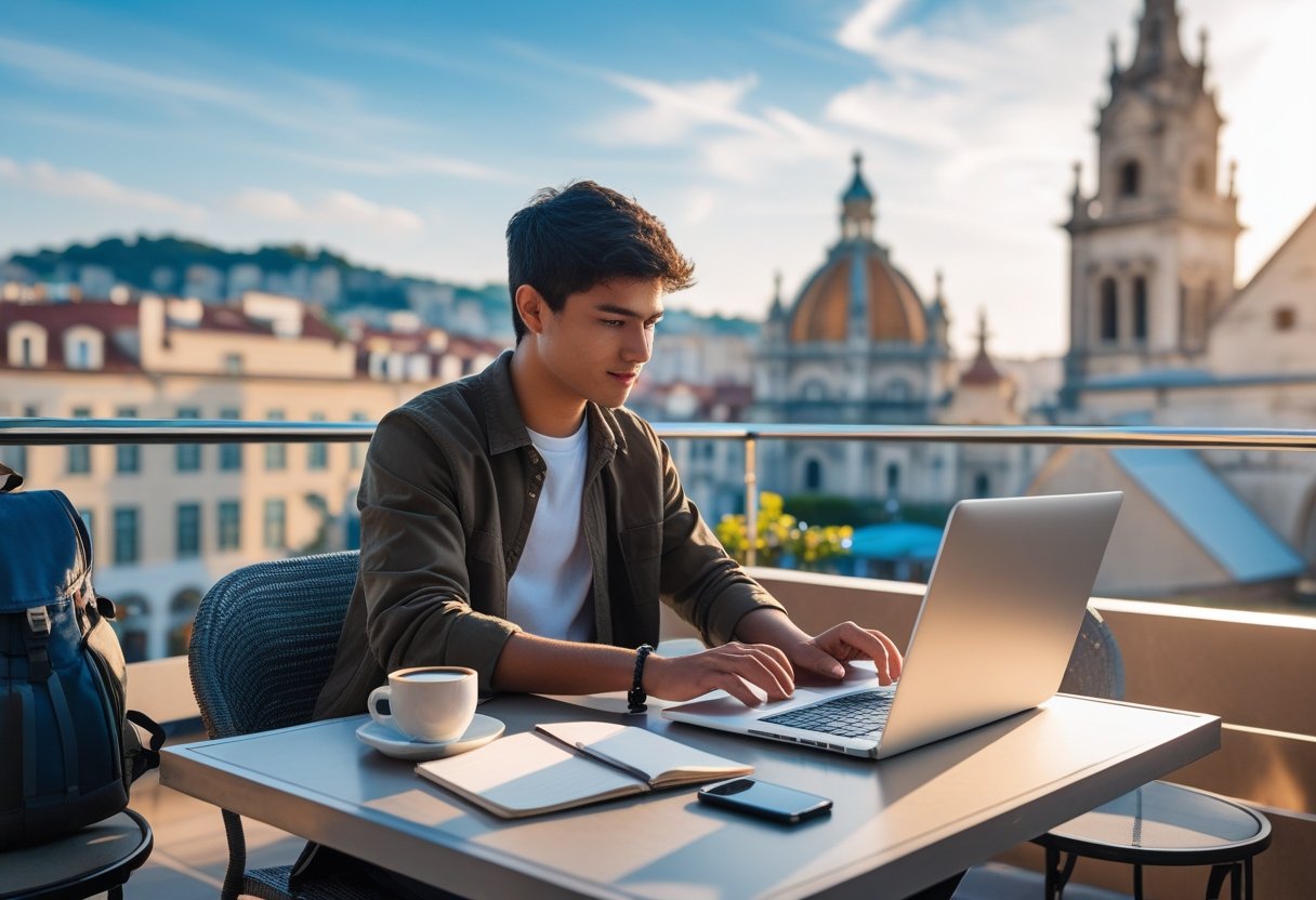 A person working on a laptop at an outdoor café table with a cityscape in the background.