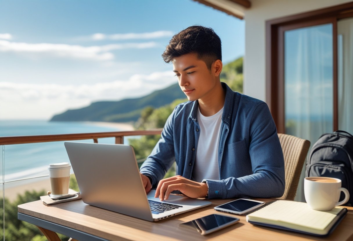A person working on a laptop outdoors with a scenic beach or mountain view in the background, surrounded by work essentials and travel items.
