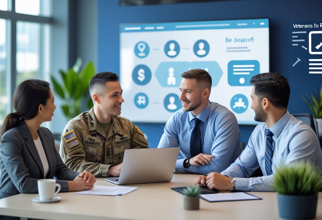 A diverse group of people in an office discussing job opportunities, including a military veteran and a human resources professional.