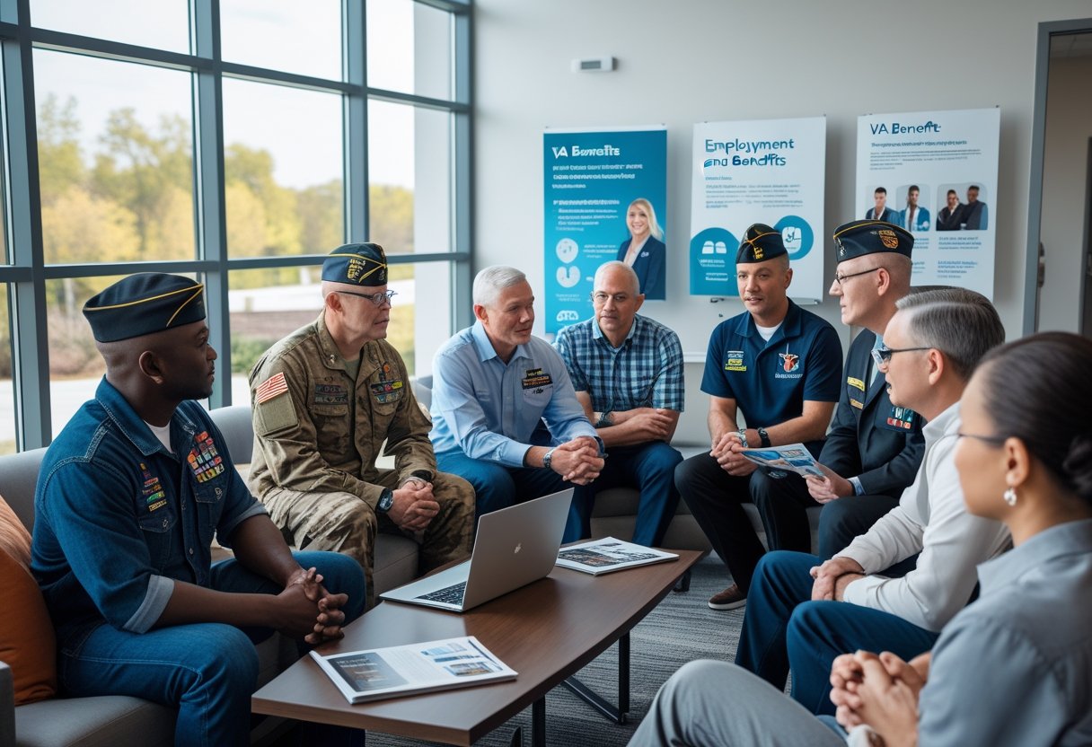 A group of veterans and a career counselor discussing job opportunities and VA benefits in a bright office setting.