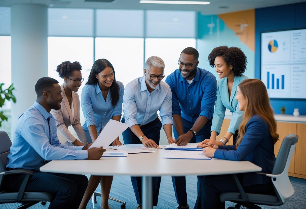 A diverse group of people working together around a conference table in a modern office environment.