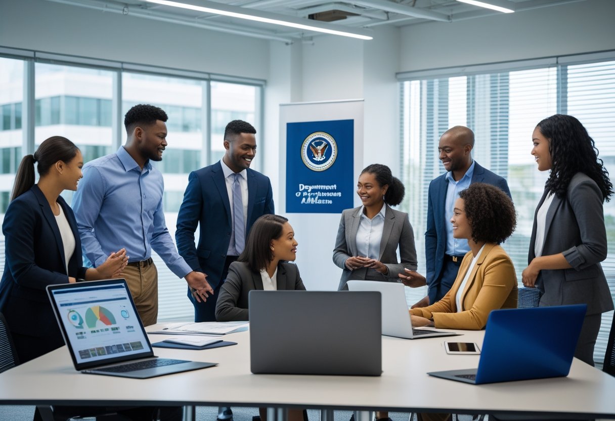 A diverse group of people working together around a conference table in a modern office setting.