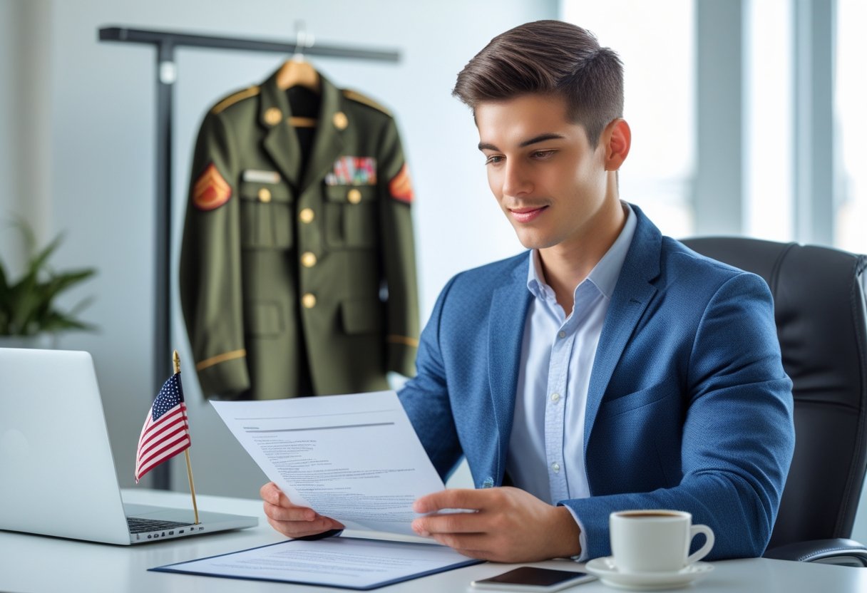 How to Translate Military Experience into a Civilian Resume for Effective Job Applications A young man in business casual clothes sitting at a desk reviewing a resume, with a military jacket hanging on a coat rack behind him.