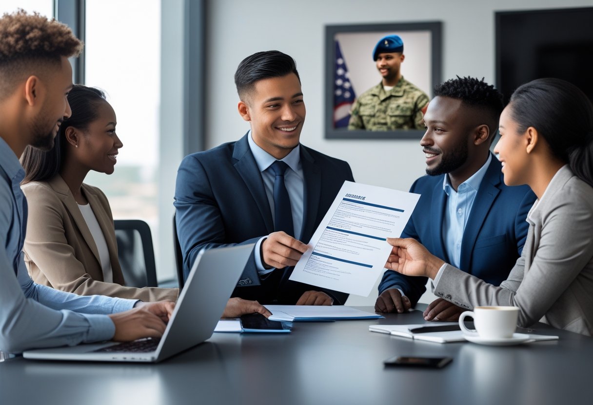 How to Translate Military Experience into a Civilian Resume for Effective Job Applications People in an office discussing a resume with subtle military memorabilia in the background.