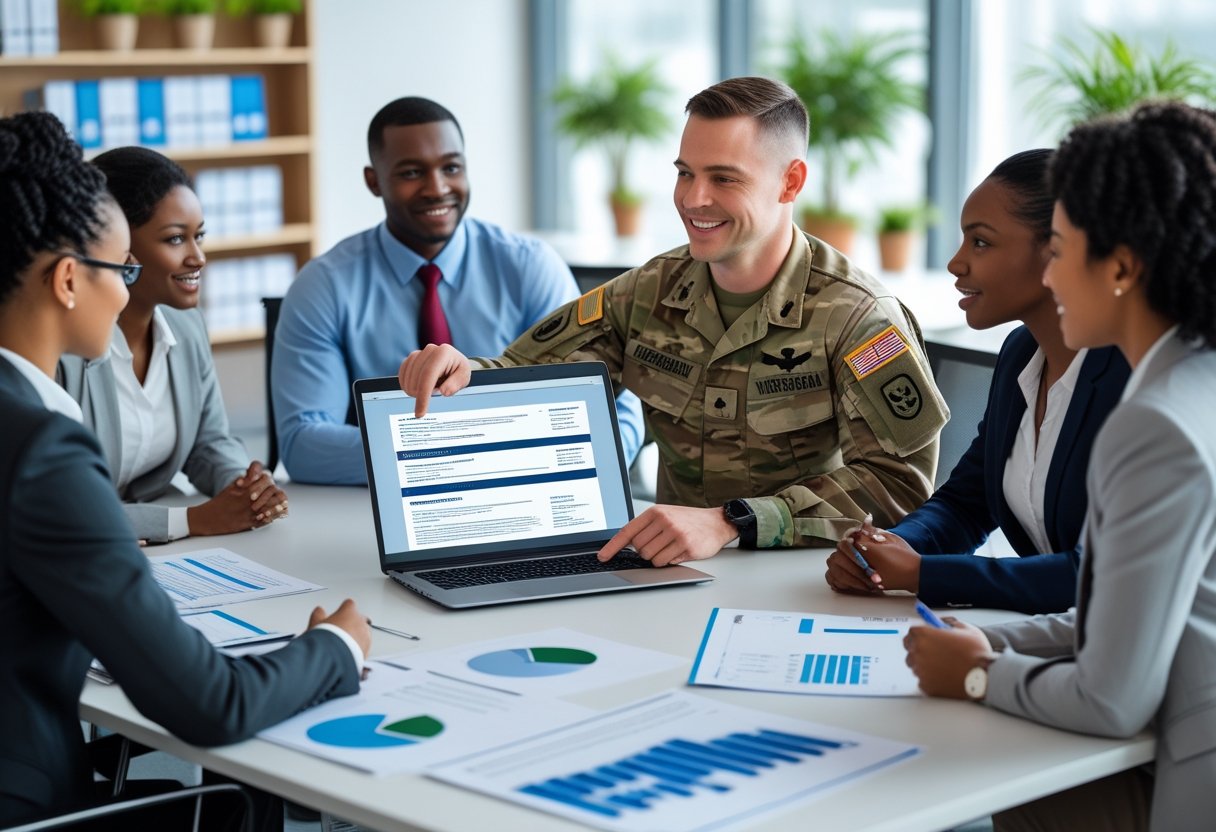 How to Translate Military Experience into a Civilian Resume for Effective Job Applications A military veteran and civilian professionals collaborating around a conference table, reviewing a resume on a laptop in a bright office.