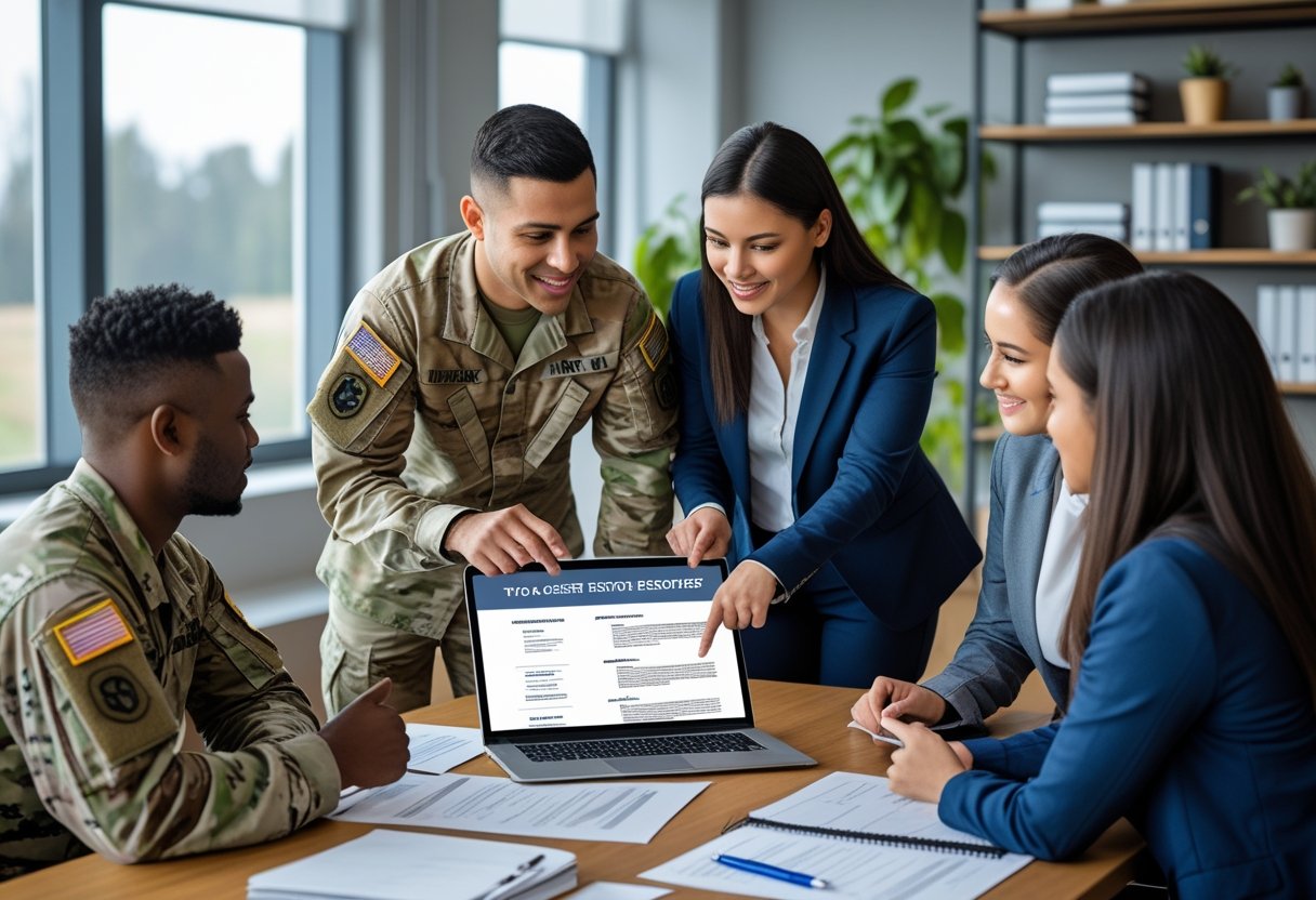 How to Translate Military Experience into a Civilian Resume for Effective Job Applications A veteran and a career advisor working together on a resume in a bright office.