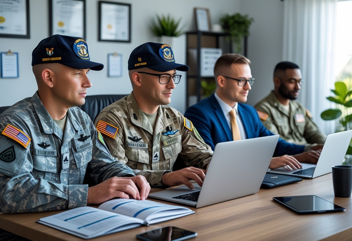 A group of veterans working remotely in a home office with laptops and certification books, focused and engaged in their tasks.