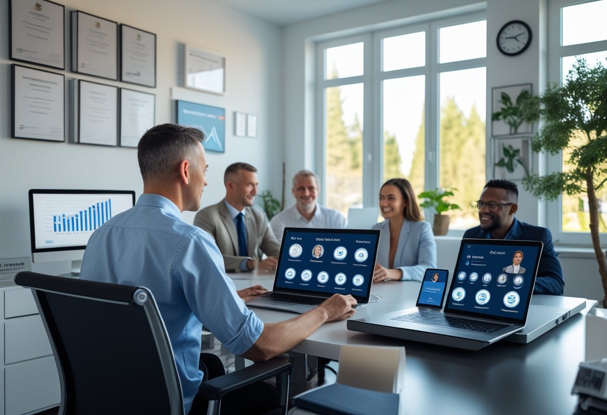 A diverse group of veterans working remotely in a modern home office with laptops, certificates on the wall, and video calls on screens.