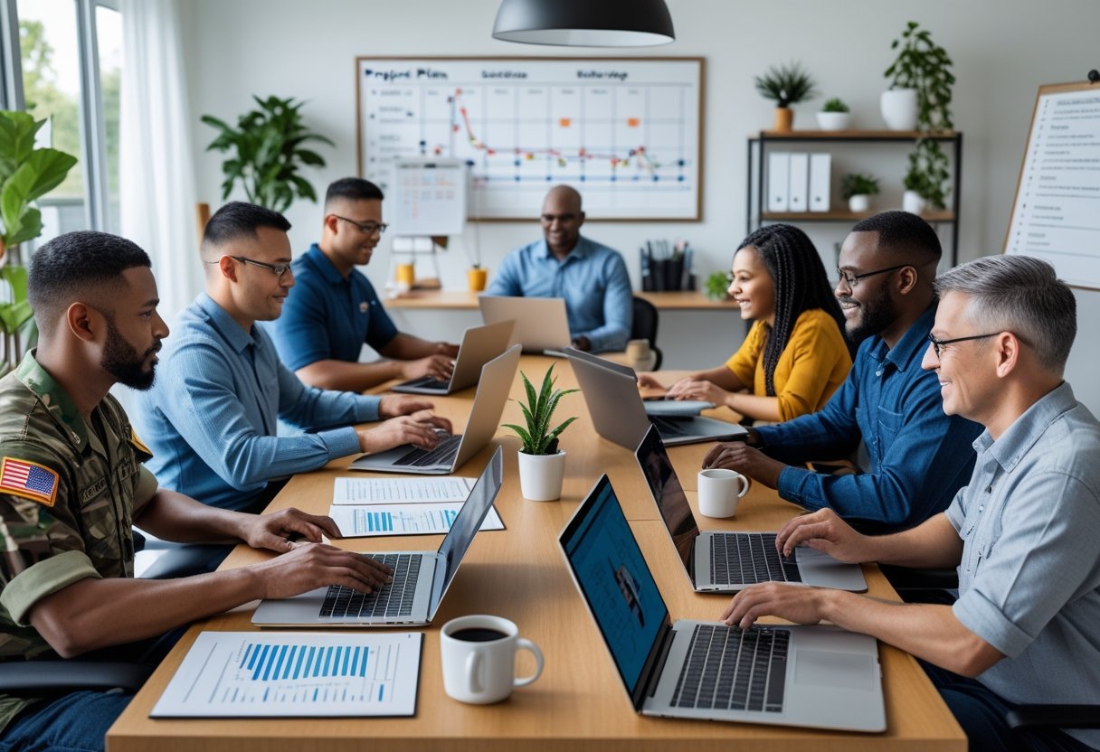 A diverse group of veterans working remotely on project management tasks using laptops and tablets in a modern home office.