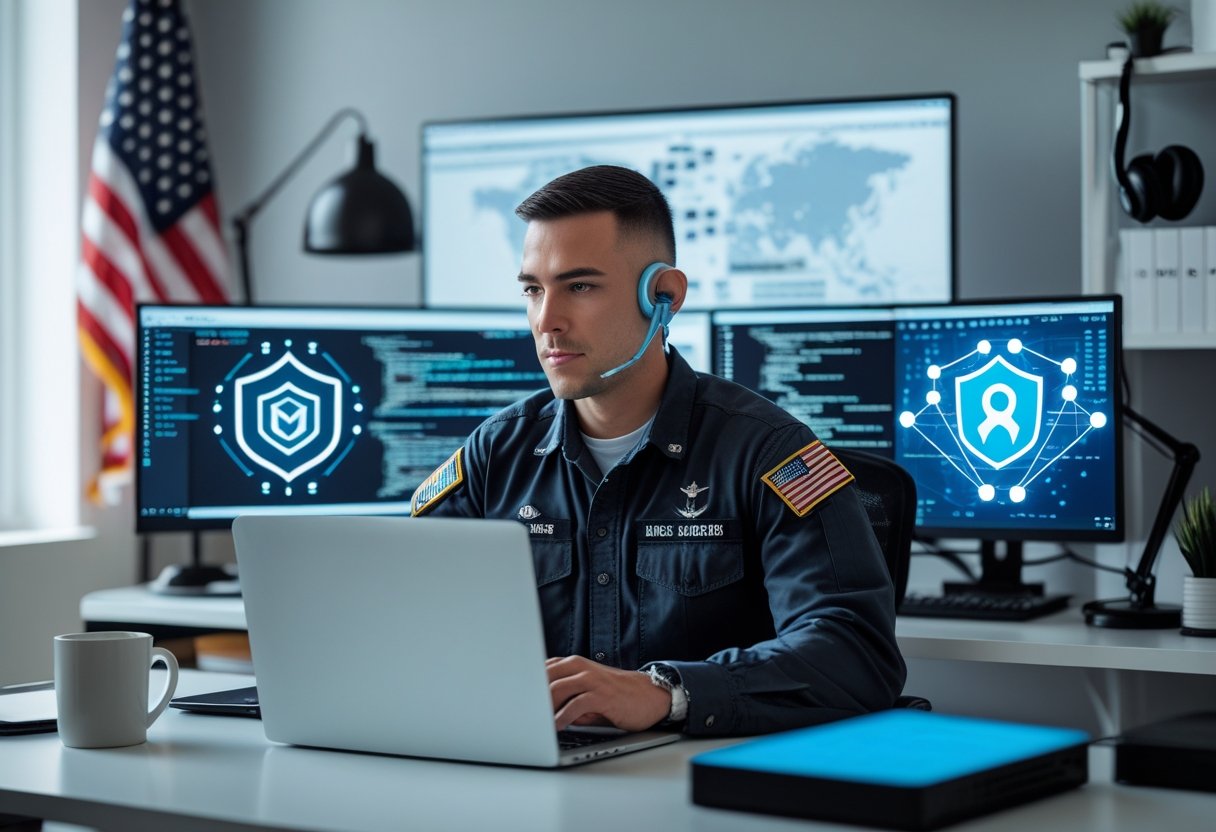 A military veteran working on a laptop at a home office desk with multiple monitors showing cybersecurity visuals.