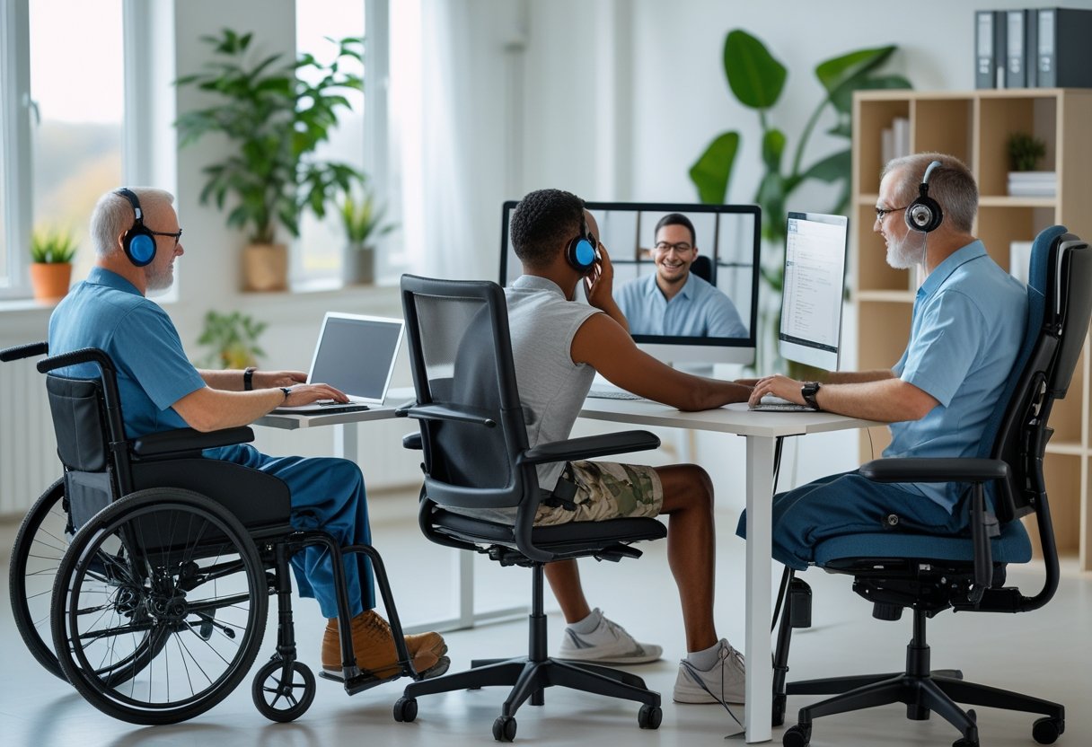 A group of military veterans with disabilities working remotely from home using adaptive technology in a bright, modern office setting.
