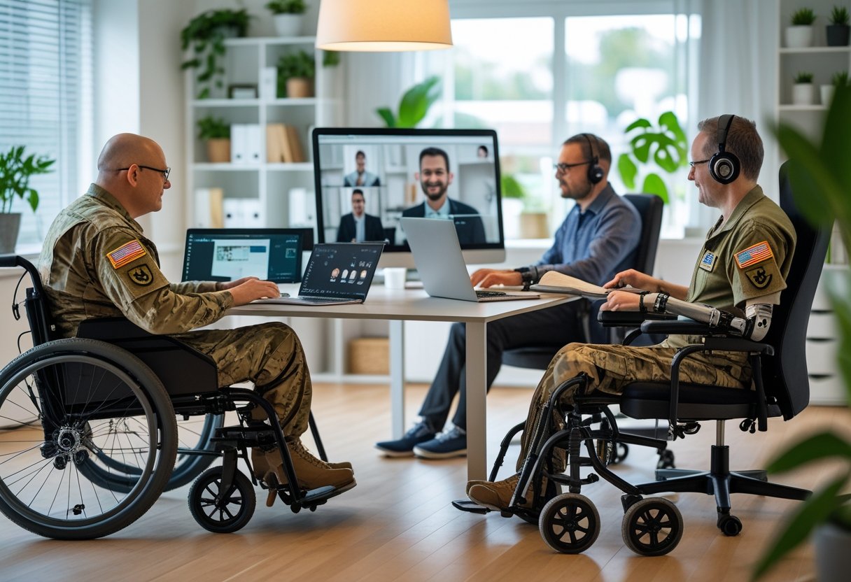 A group of military veterans with disabilities working remotely from home using laptops and tablets in an accessible office setting.