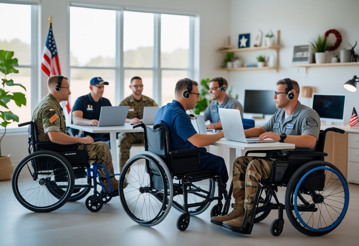 A diverse group of military veterans with disabilities working remotely from home using laptops and assistive devices, collaborating in a bright and organized workspace.