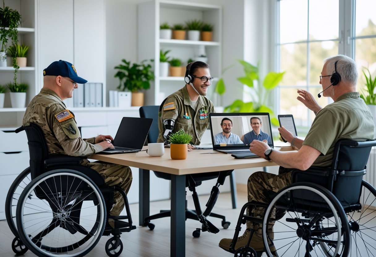 Military veterans with disabilities working remotely from home offices using laptops and tablets.