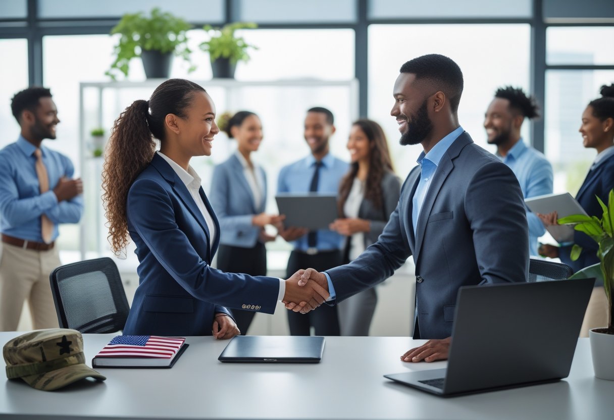Hiring a Military Spouse: Why It’s Smart for Employers A military spouse in business attire shaking hands with a hiring manager in a modern office, with colleagues smiling in the background and military items displayed on a shelf.