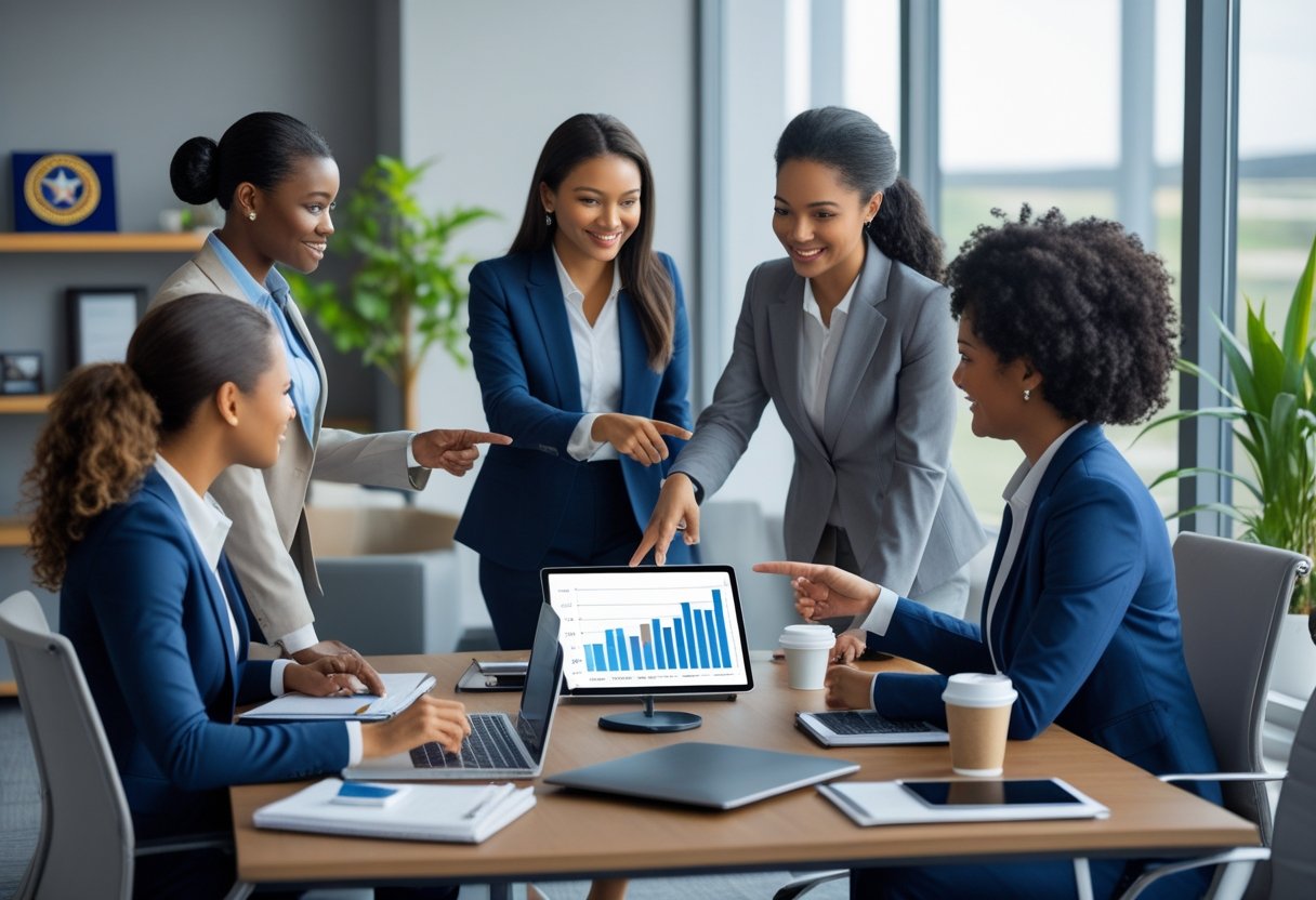 Hiring a Military Spouse: Why It’s Smart for Employers A group of military spouses working together in an office, discussing business around a table with laptops and a tablet.