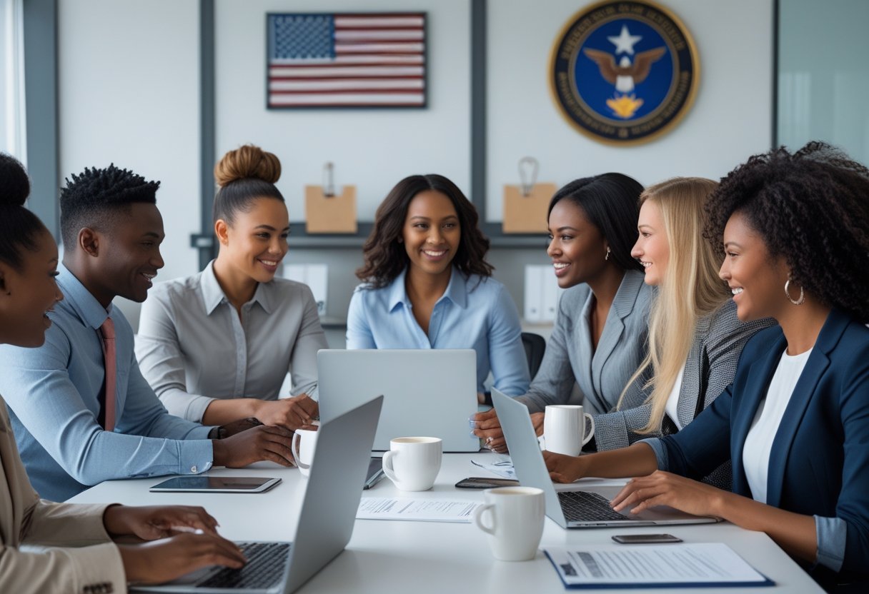 Hiring a Military Spouse: Why It’s Smart for Employers A diverse group of military spouses meeting in an office, collaborating around a table with laptops and documents.