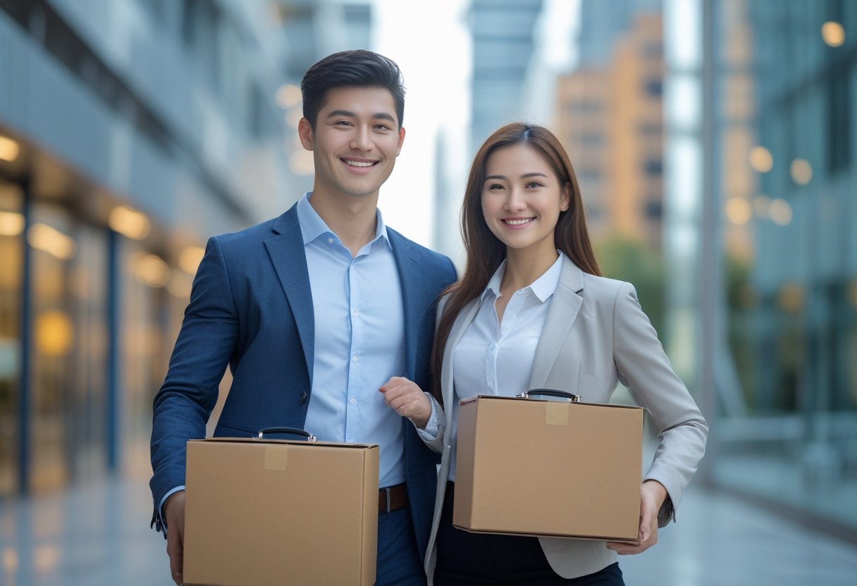 A young professional man and woman standing outdoors holding moving boxes and briefcases with city buildings in the background.