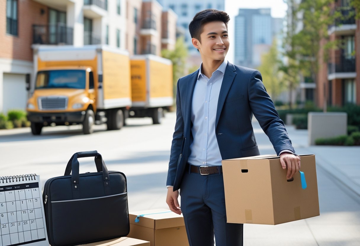 A young professional holding a packed box and laptop bag standing in a city street with moving trucks and apartment buildings in the background.