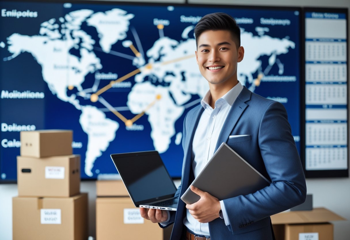 A young professional holding a laptop and folder stands in an office with a world map and moving boxes in the background, symbolizing career growth through frequent relocations.