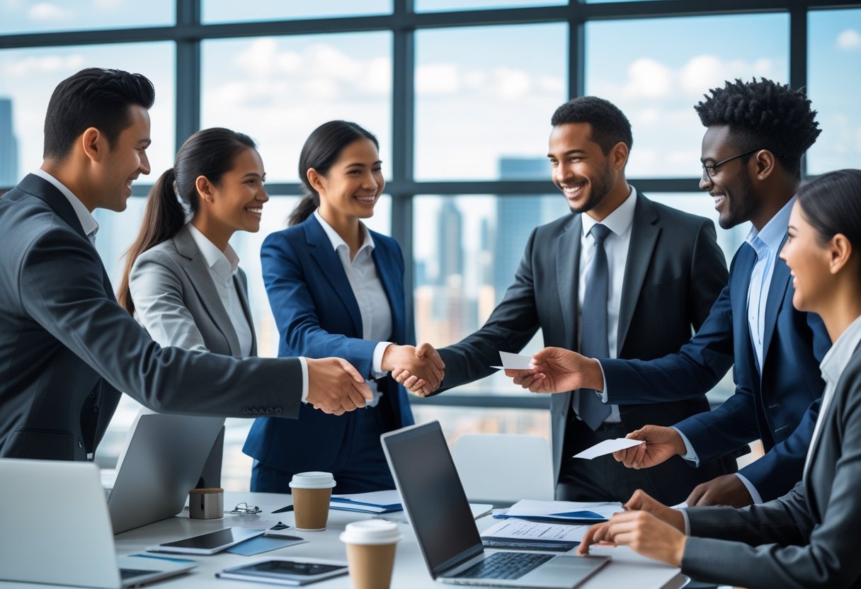A diverse group of business professionals networking and exchanging business cards in a modern office with city views.
