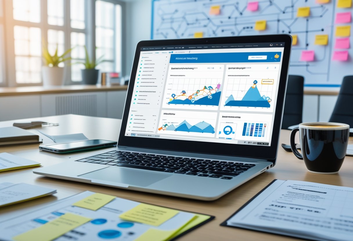 Reddit Link Building Strategy for SEO 2 A modern workspace with a laptop showing digital graphs and charts, notes, a smartphone, and a coffee cup on a desk in a bright office.