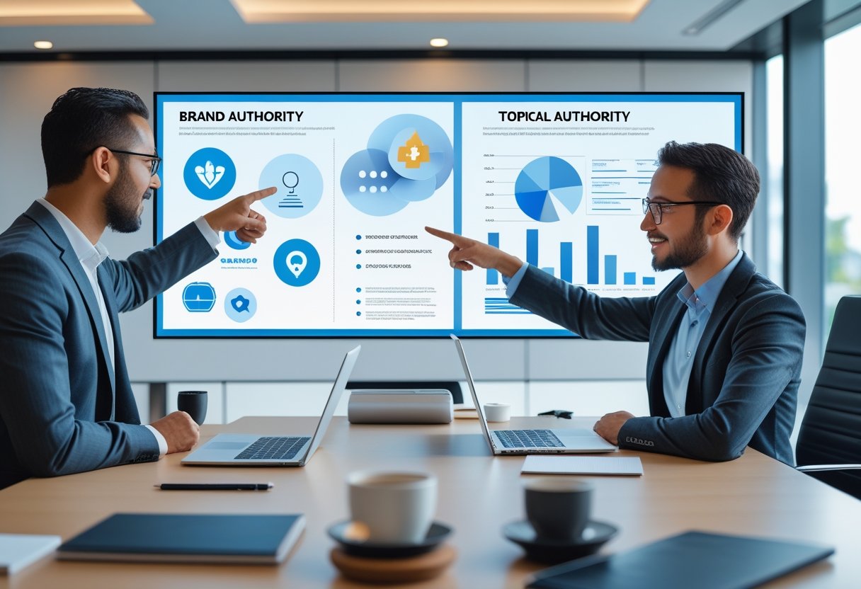 Brand Authority vs Topical Authority: What Matters Most 1 Two business professionals discussing marketing concepts in a modern office with a digital screen showing brand and topical authority visuals.