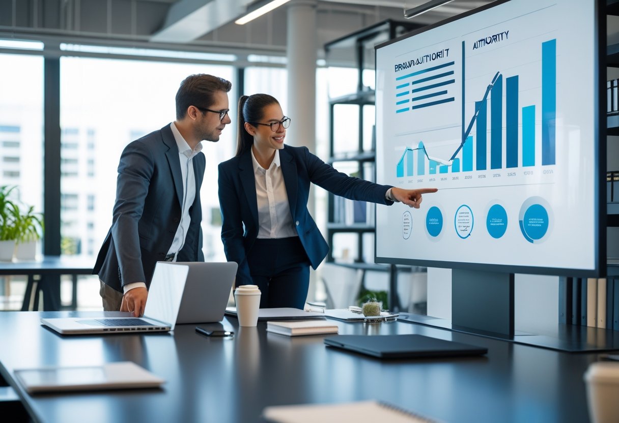 Brand Authority vs Topical Authority: What Matters Most 2 Two business professionals discussing data on a large screen in a modern office with laptops and bookshelves.