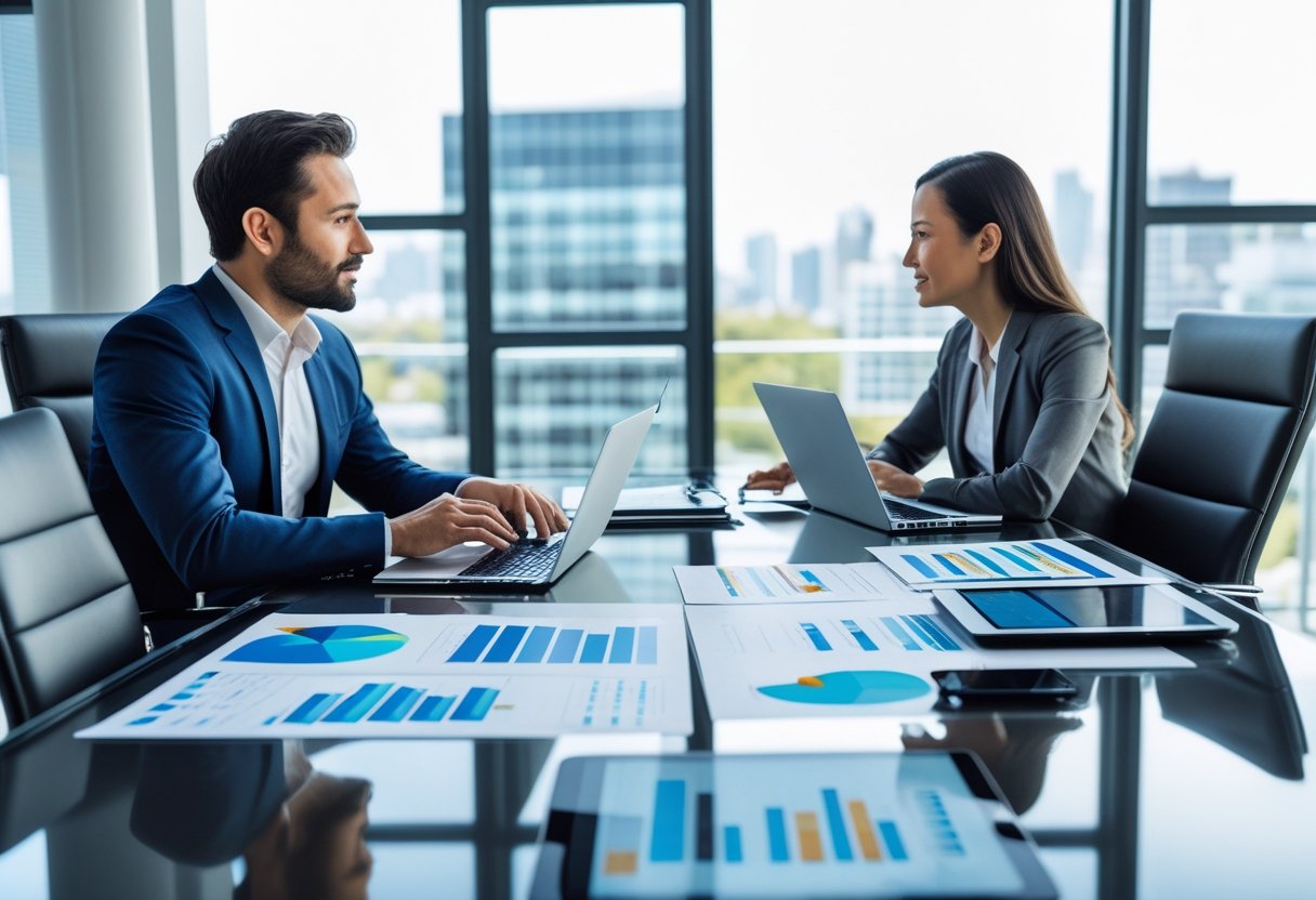 Brand Authority vs Topical Authority: What Matters Most 3 Two business professionals having a discussion over laptops and documents in a modern office with large windows overlooking a city.
