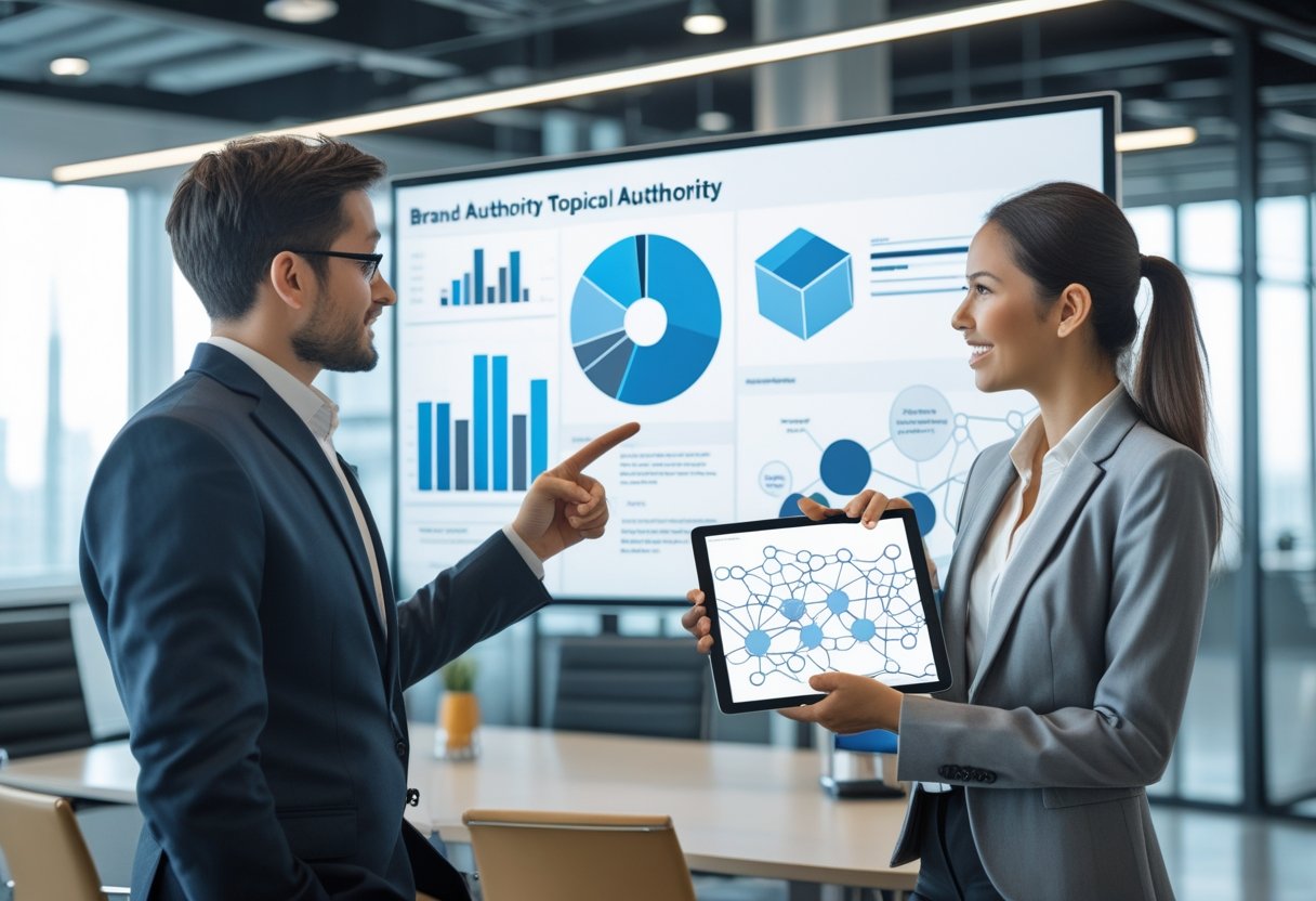 Brand Authority vs Topical Authority: What Matters Most 4 Two business professionals discussing data and charts on digital devices in a modern office setting.